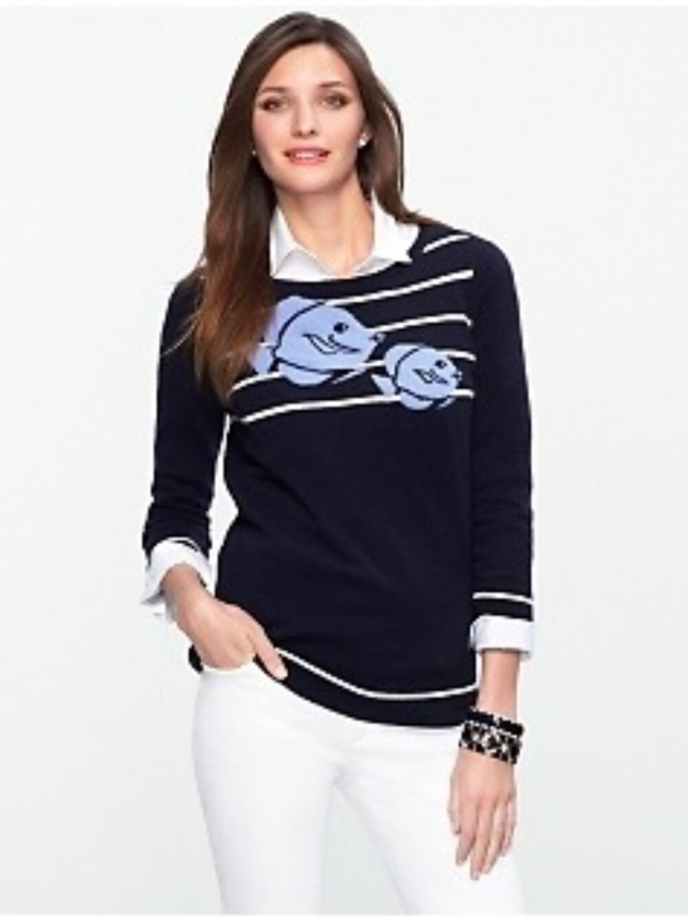 Talbots 100% Pure Cashmere Navy Blue Striped Fish 3/4 Sleeve Sweater XS